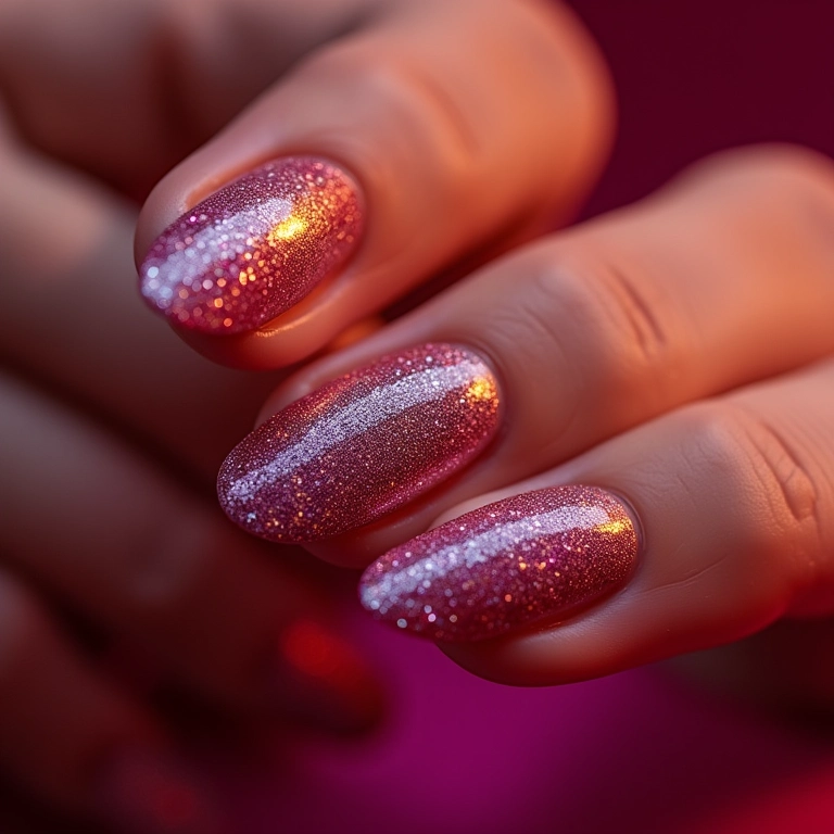 Unhas com glitter aplicados com esponja, efeito brilhante.