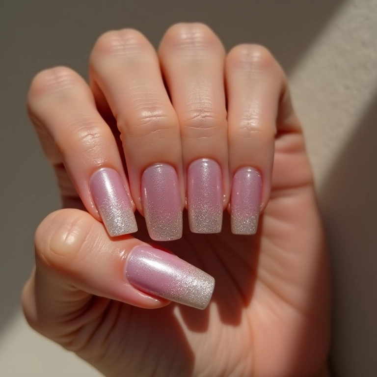Unhas com glitter degradê em tons pastel.