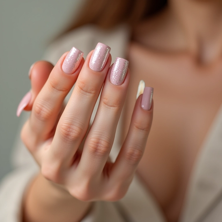 Unhas com glitter discreto, elegância sutil e brilho delicado.
