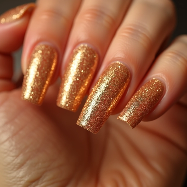 Unhas com glitter dourado: brilho e glamour em cada movimento.