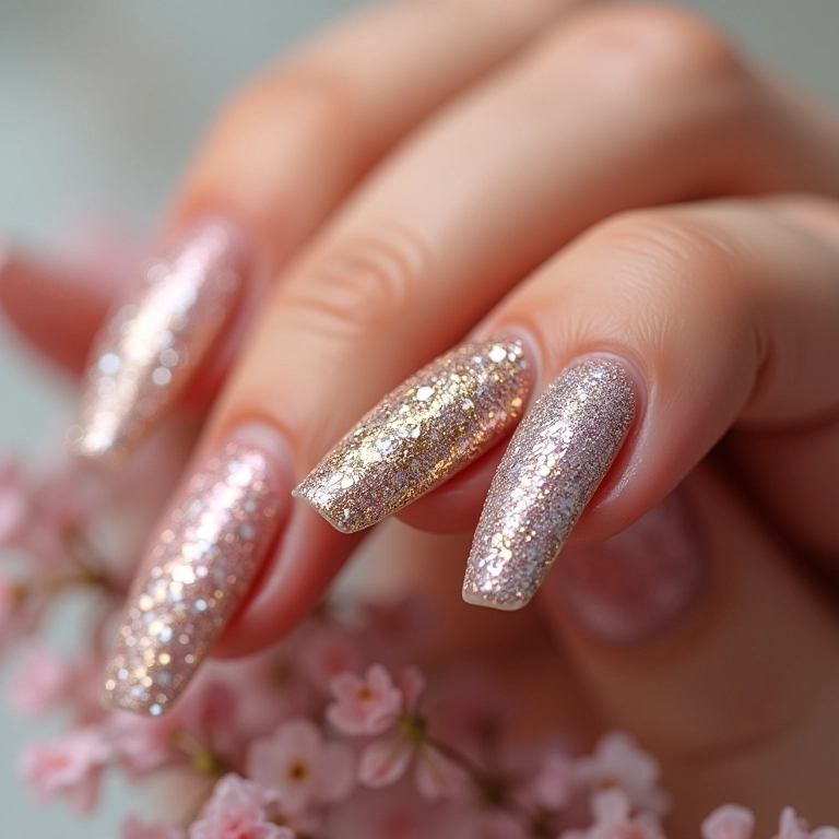 Unhas com glitter dourado e prateado para chá revelação.