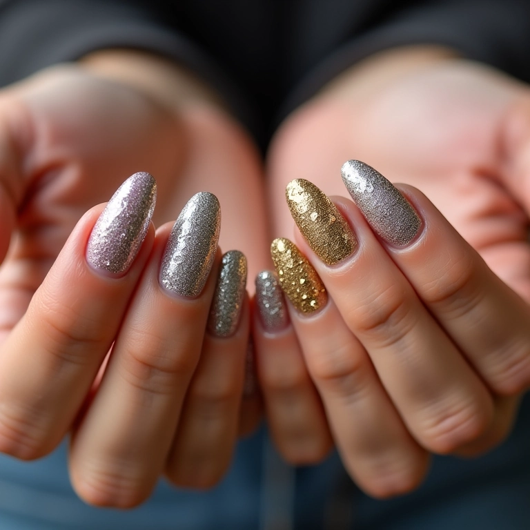 Unhas com glitter dourado ou prateado.