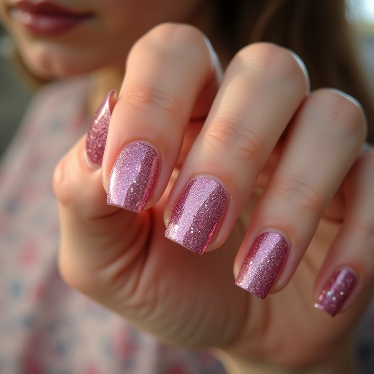 Unhas com glitter e adesivos delicados.