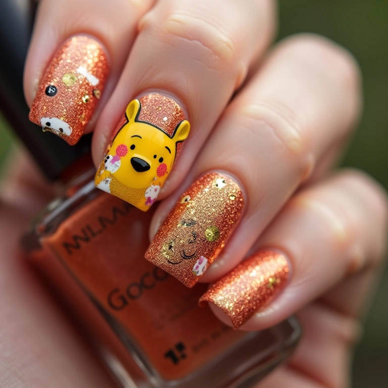 Unhas com glitter e adesivos do Ursinho Pooh.