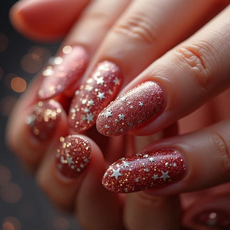 Unhas com glitter e brilho para um visual festivo.