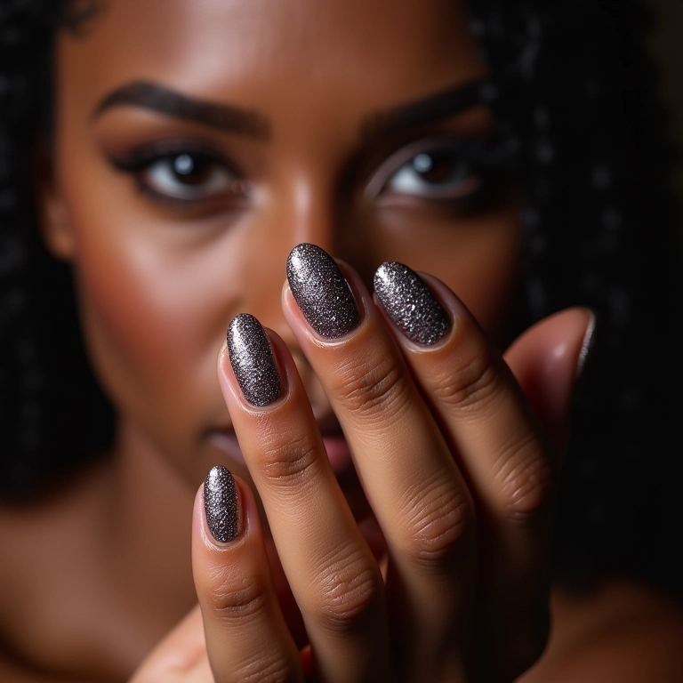 Unhas com glitter e detalhes metalizados.