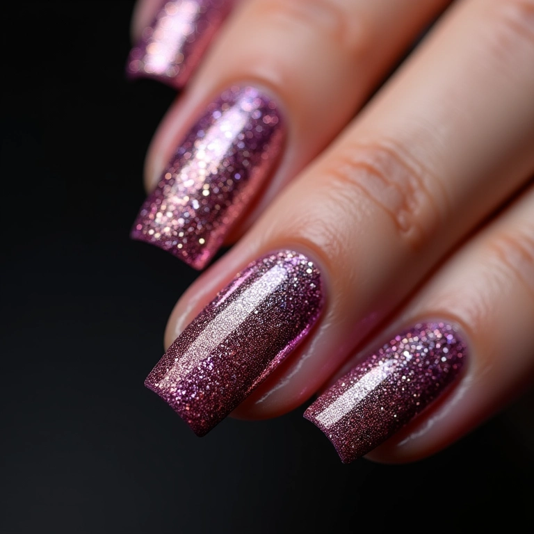 Unhas com glitter e esponja de cozinha.