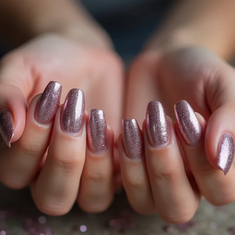 Unhas com glitter e metalizadas em gel.