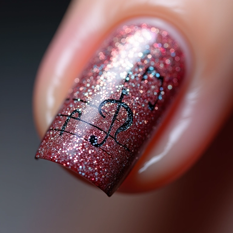Unhas com glitter e notas musicais brilhantes.