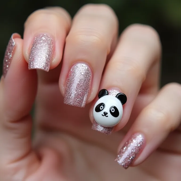 Unhas com glitter e panda, combinação brilhante e charmosa.