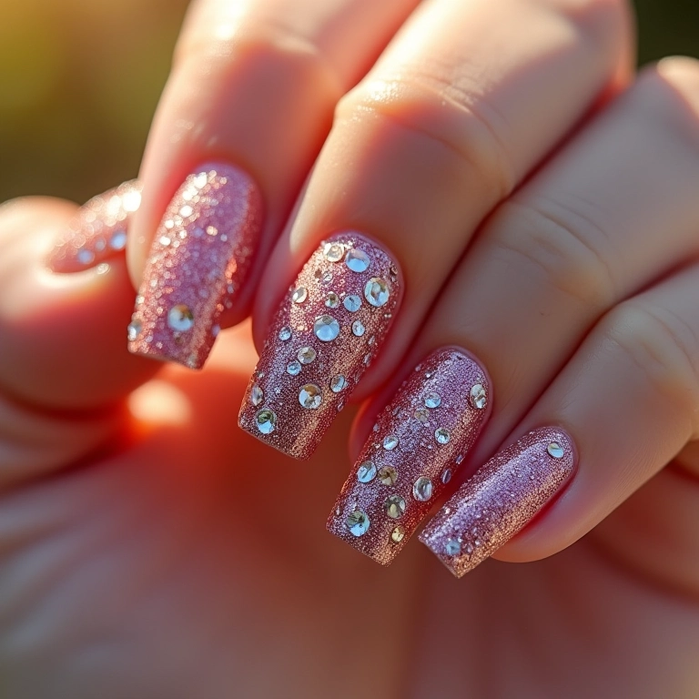 Unhas com glitter e pedrarias brilhando como o sol.
