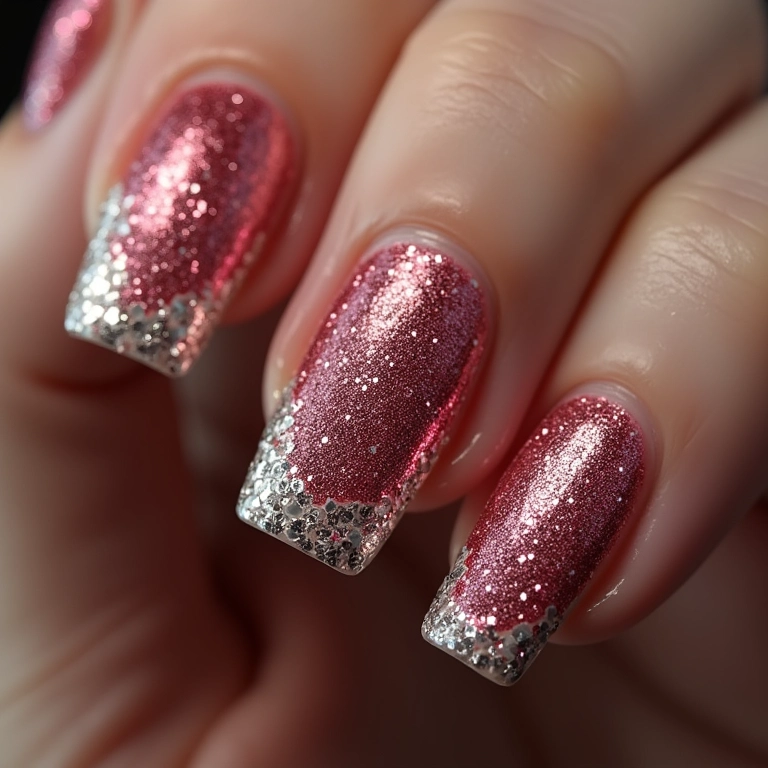 Unhas com glitter e pedrarias destacando a Galinha Pintadinha.