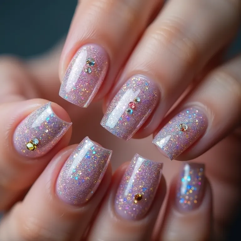 Unhas com glitter e pedrarias, efeito iridescente e brilhante, para um visual glamouroso.