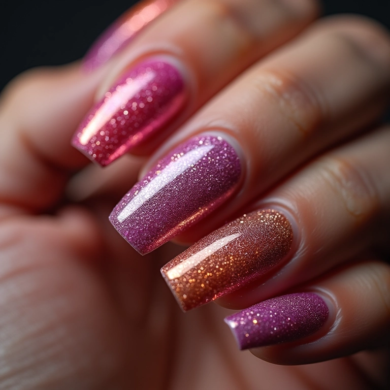 Unhas com glitter e pó neon.