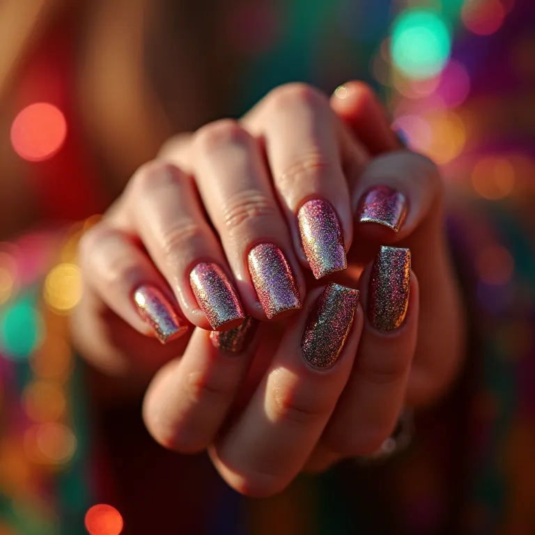 Unhas com glitter em cores vibrantes, perfeitas para festas e ocasiões especiais.