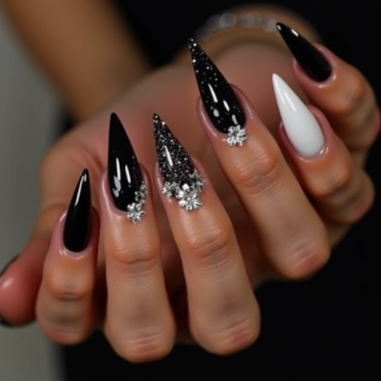 Unhas com glitter em preto e branco, efeito brilhante e glamouroso.