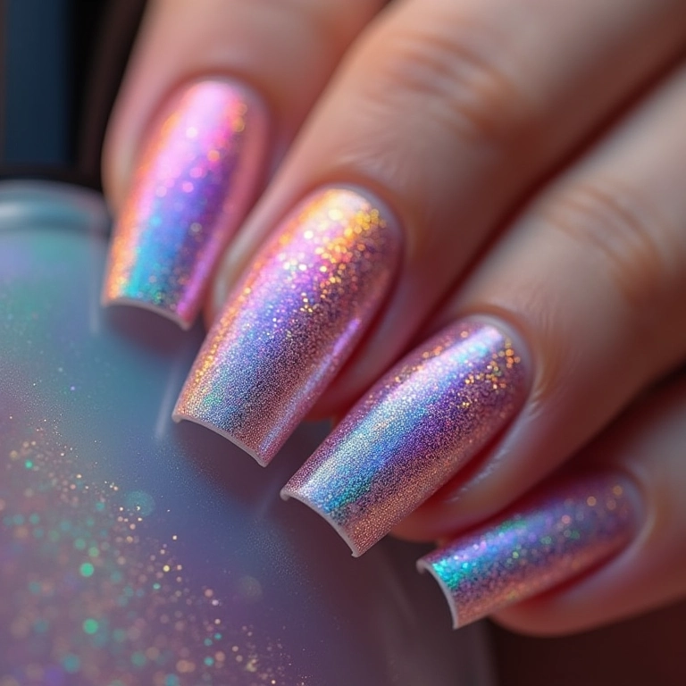 Unhas com glitter furta-cor brilhante.