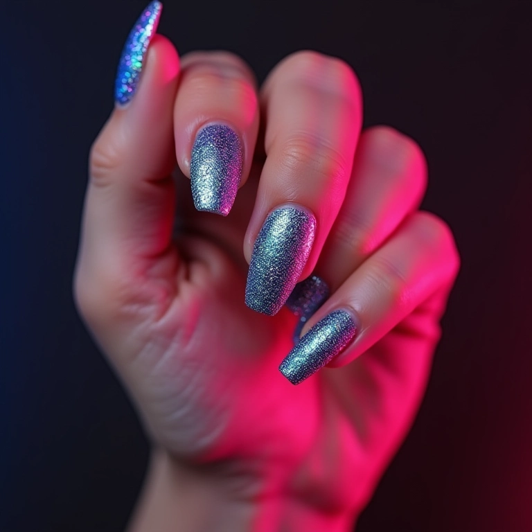 Unhas com glitter furta-cor para o Carnaval.