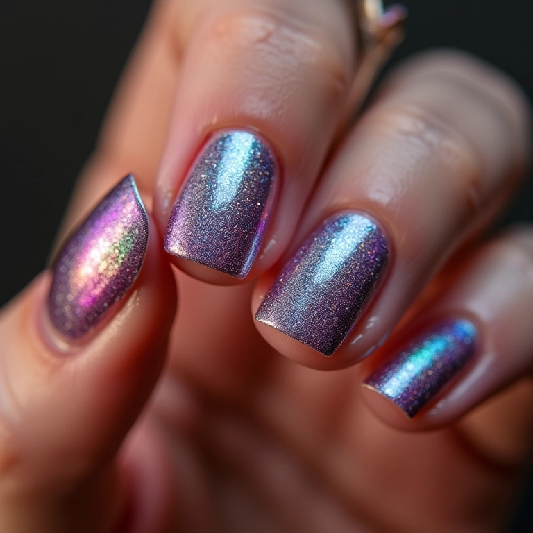 Unhas com glitter holográfico criando efeito arco-íris.