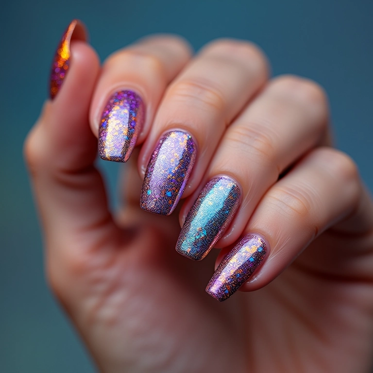 Unhas com glitter holográfico para o Carnaval.