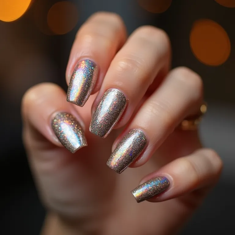 Unhas com glitter iridescente em tons de prata e dourado.
