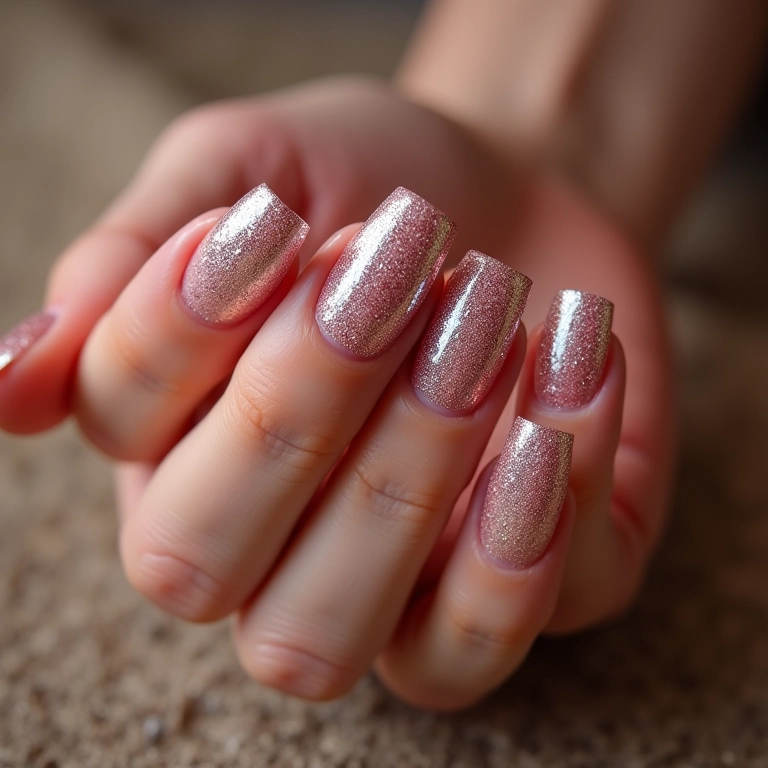 Unhas com glitter para um efeito brilhante e textura reluzente.