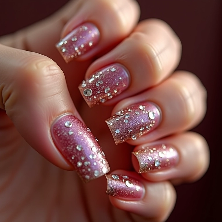 Unhas com glitter, pedrarias e strass.