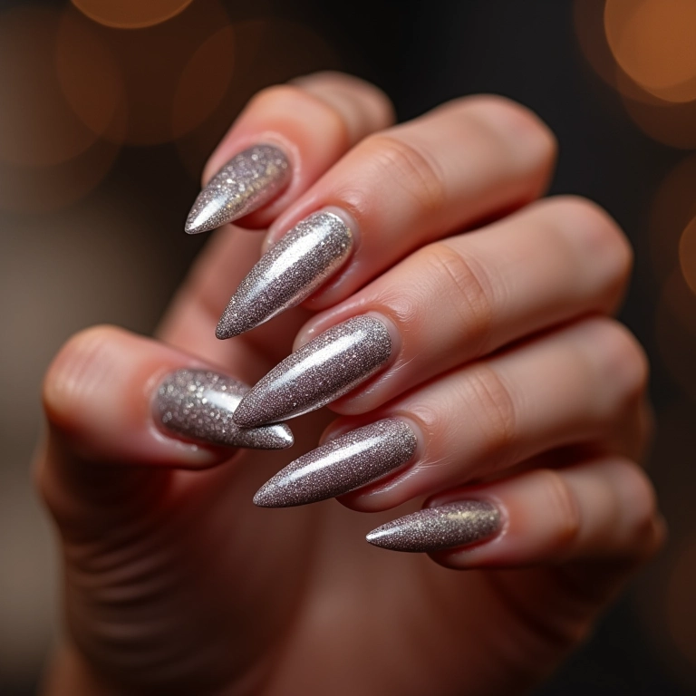 Unhas com glitter prata brilhante para festa.