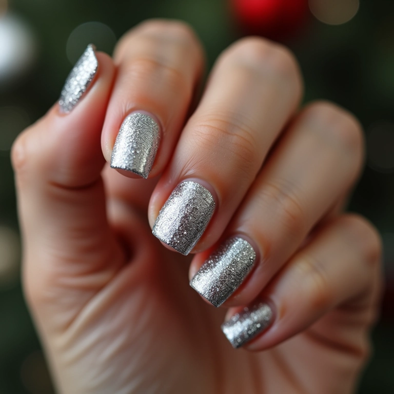 Unhas com glitter prata para um Natal brilhante.