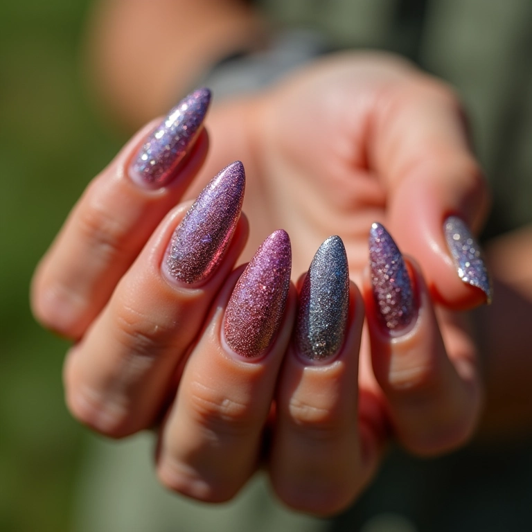 Unhas com glitter que muda de cor.