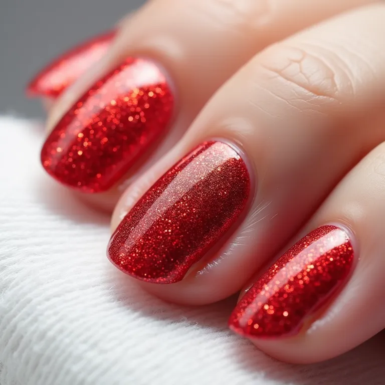 Unhas com glitter vermelho e branco.