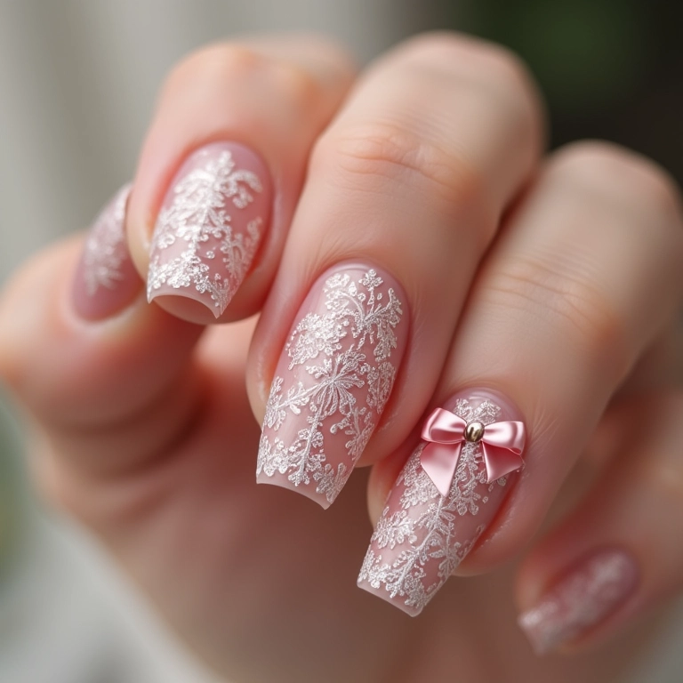 Unhas com laço e desenho de renda.