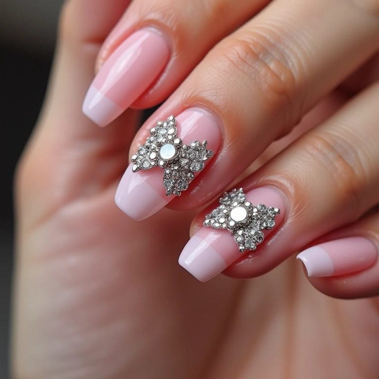 Unhas com laço e pedrarias brilhantes.
