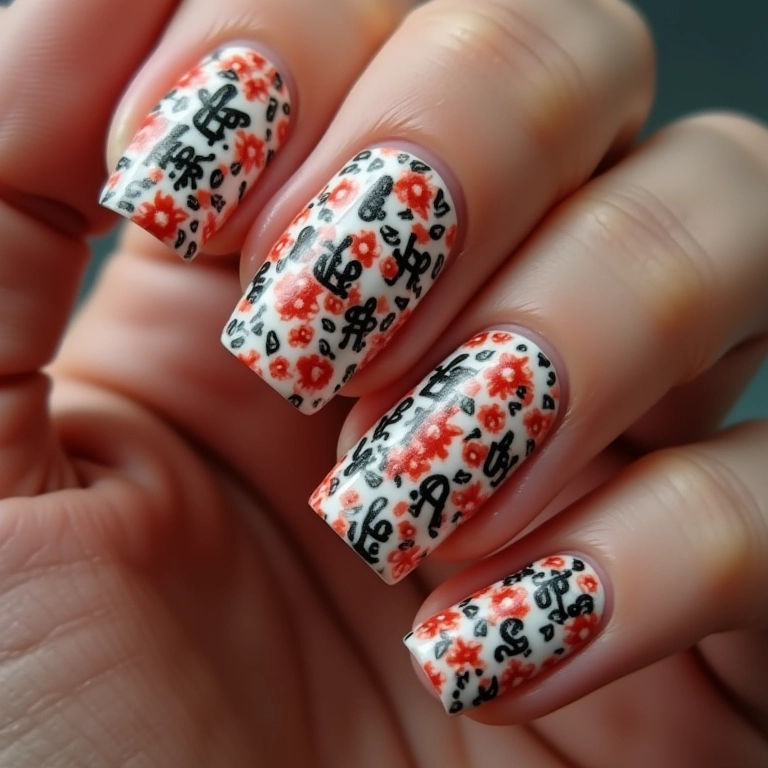 Unhas com letras e desenhos, uma combinação criativa e original.