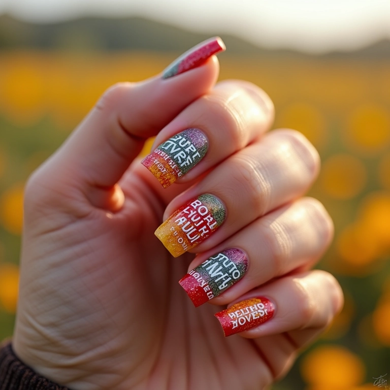 Unhas com letras e frases completas, mensagens inspiradoras em suas mãos.