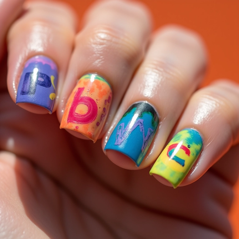 Unhas com letras em cores vibrantes, alegria e energia em suas mãos.