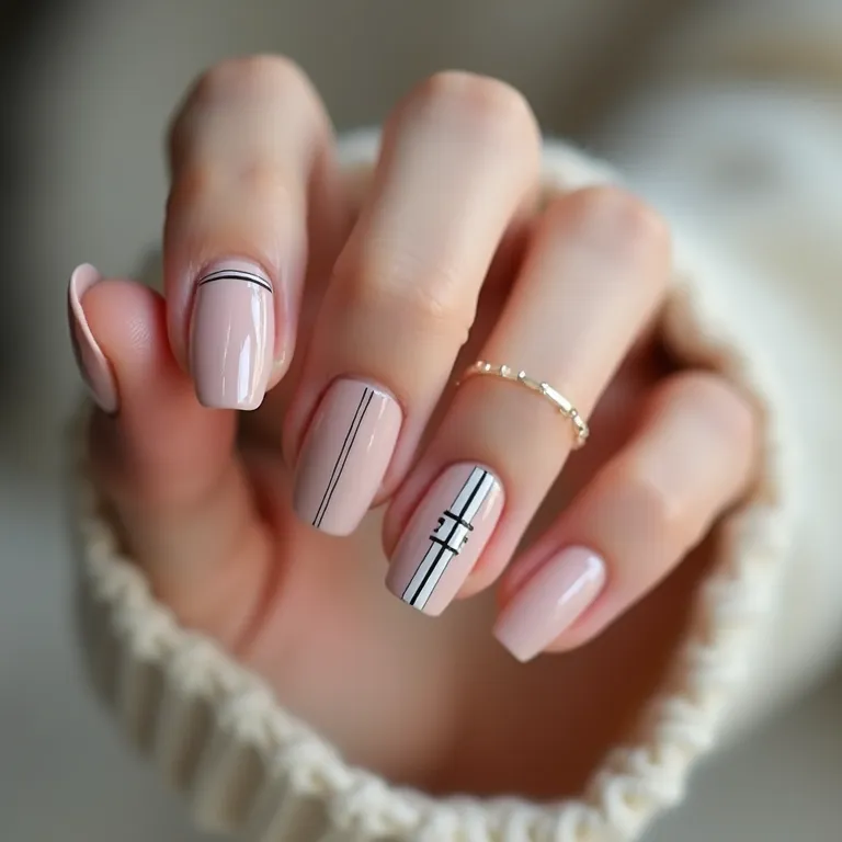 Unhas com linhas finas e desenhos geométricos, um visual minimalista e moderno.