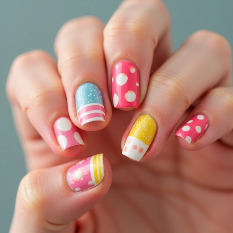 Unhas com listras e bolinhas coloridas.