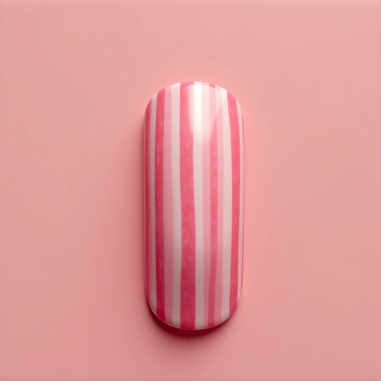 Unhas com listras rosa e branco.