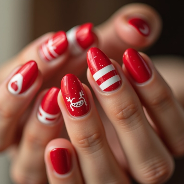 Unhas com listras vermelhas e brancas para o Natal.