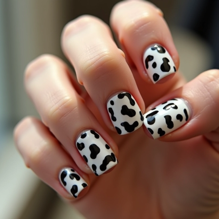 Unhas com manchas clássicas de vaca em preto e branco.