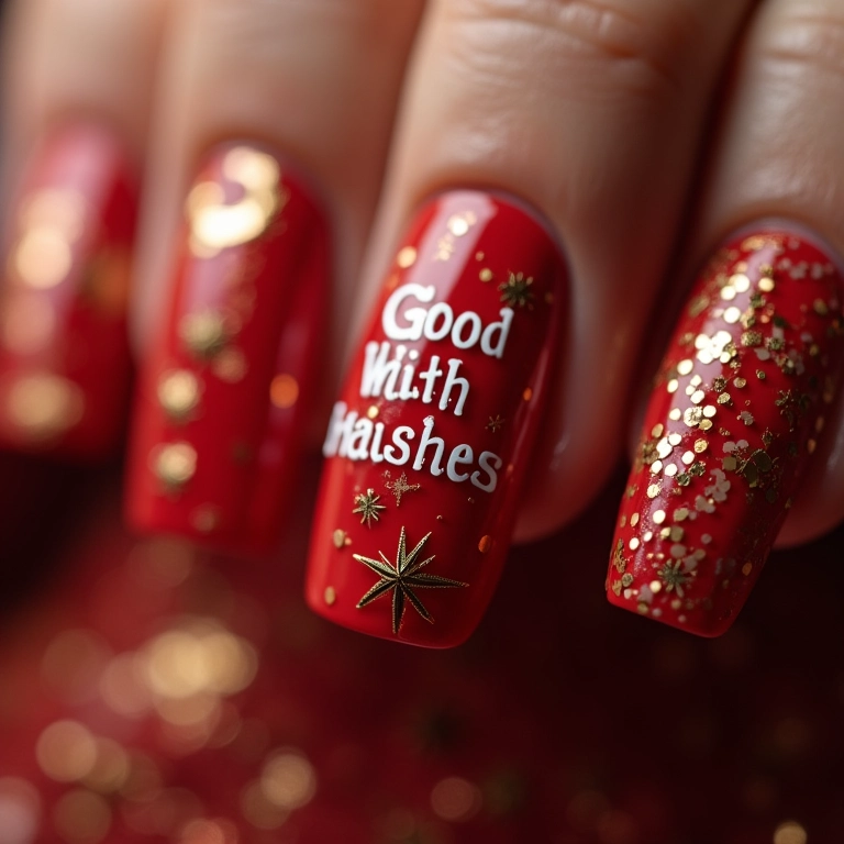 Unhas com mensagens de boas festas para o Ano Novo.