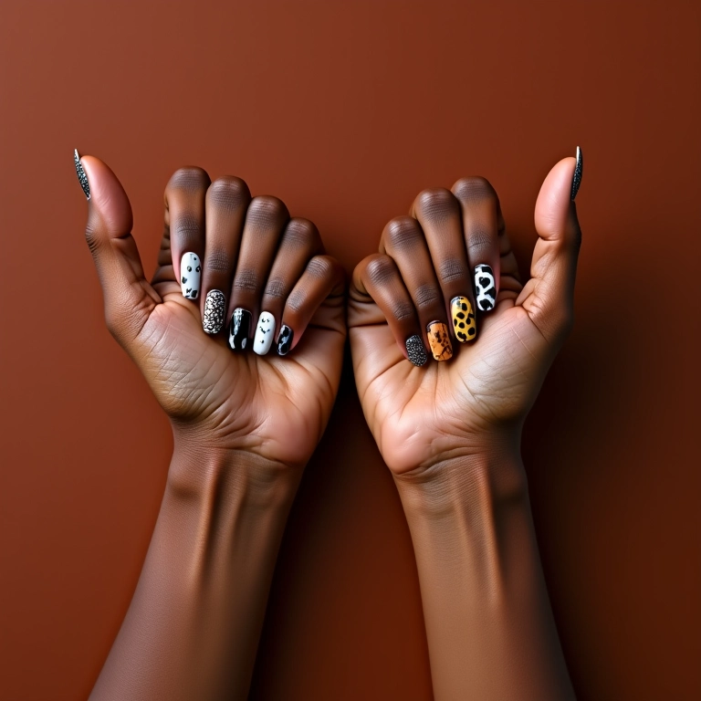 Unhas com mix de estampas de animais.