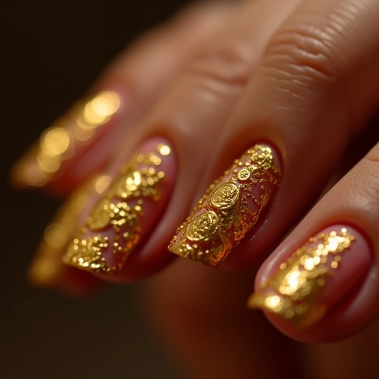 Unhas com moedas douradas: luxo e sofisticação em cada detalhe.