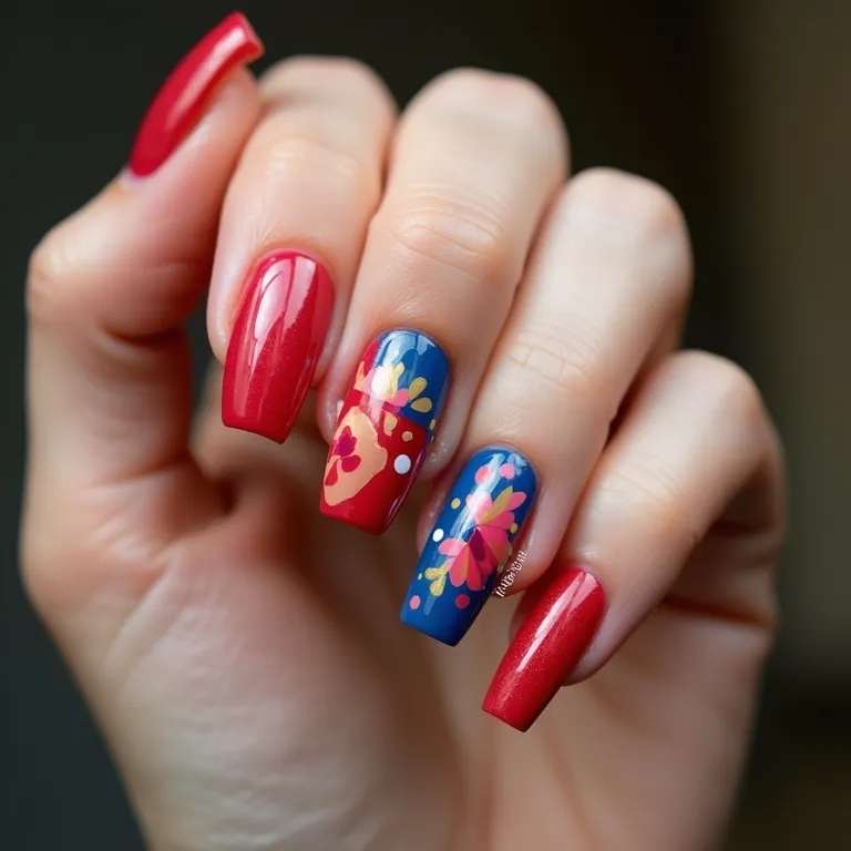 Unhas com nail art geométrica, cores vibrantes e design moderno.