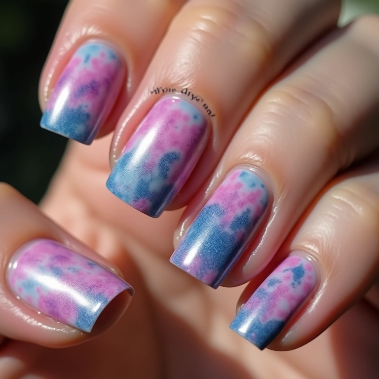 Unhas com nail art tie-dye criadas com a mistura de esmaltes.