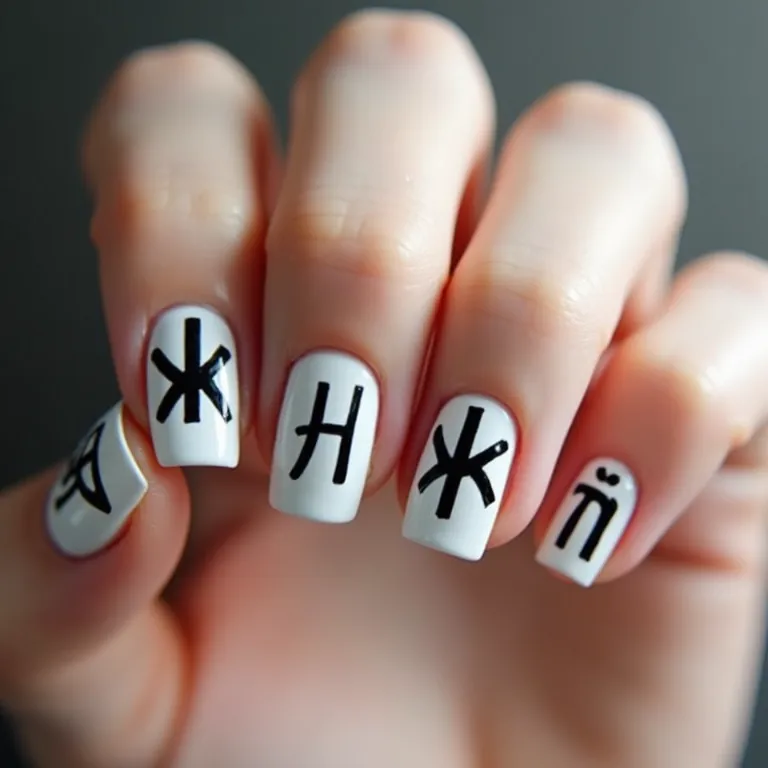 Unhas com o logo de um grupo Kpop, design minimalista em preto e branco, elegante e discreto.