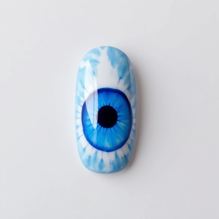 Unhas com olho grego azul em fundo branco, destacando o design.