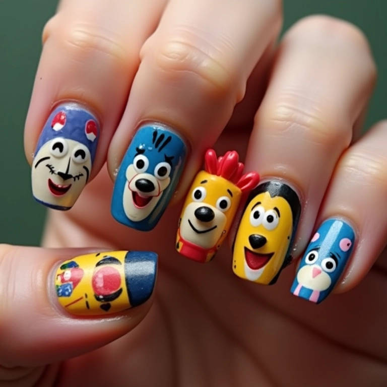 Unhas com os personagens da turma da Galinha Pintadinha, design alegre.