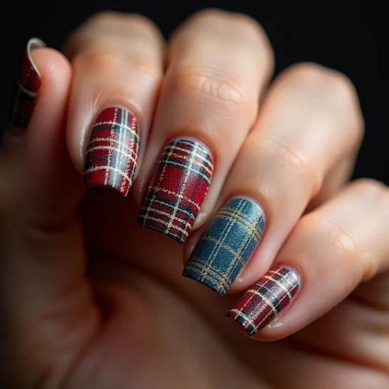 Unhas com padrão xadrez caipira, toque tradicional e moderno.